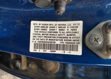 2012 Honda Civic Lx from USA, damaged, VIN 19XFB2E5XCE035709